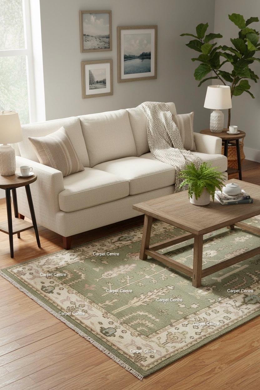 Hand-Knotted Sage Green Wool Rug: Tribal Tree of Life, Farmhouse Style