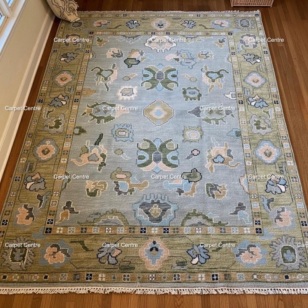 8x10 Hand-Knotted Wool Oushak Rug, Sage Green Border, Modern Traditional Floral