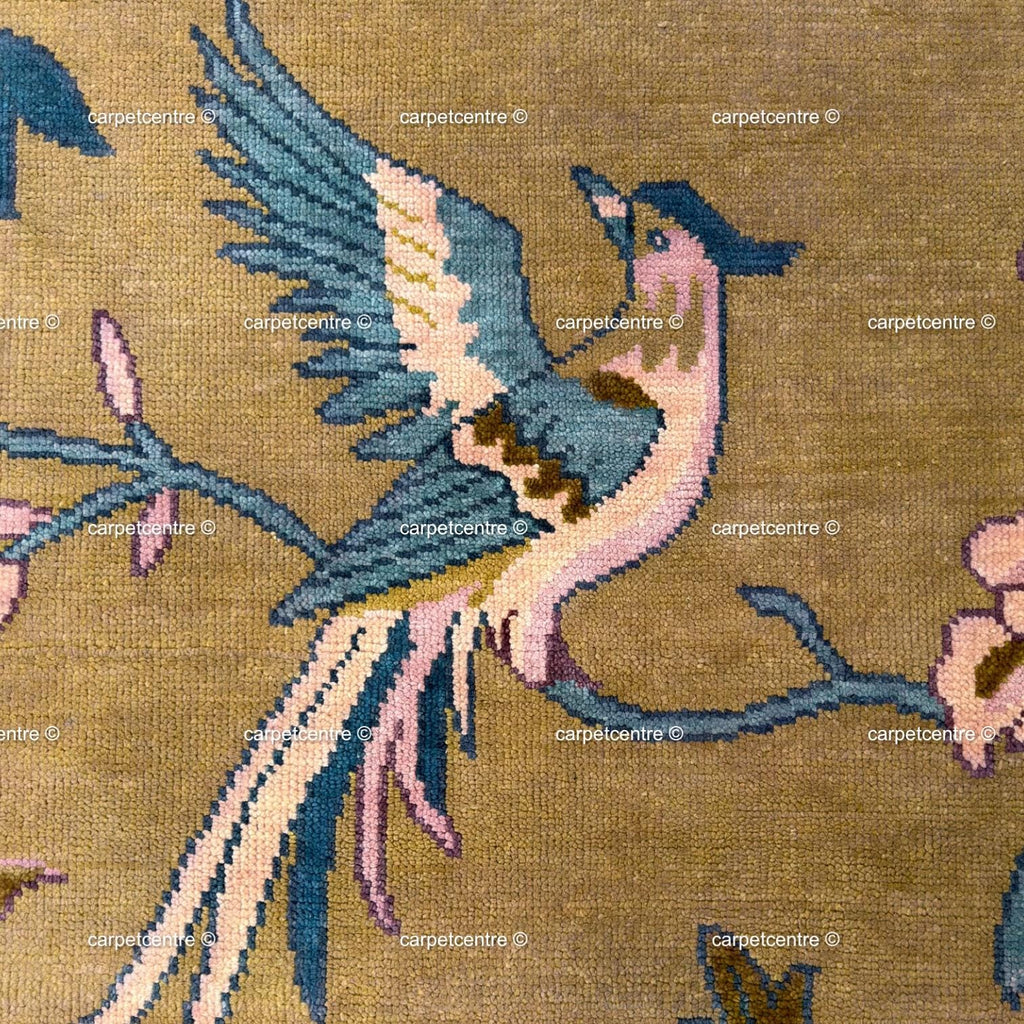 Olive Green Chinoiserie Wool Rug, Hand-Knotted Bird Pagoda Design