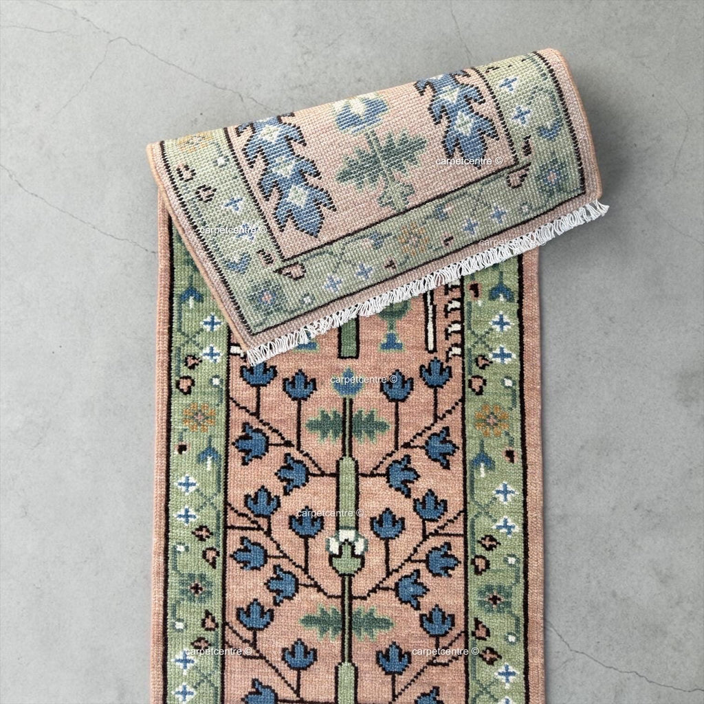 Handmade Wool Runner Rug: Pink and Green Oushak Tree of Life Design