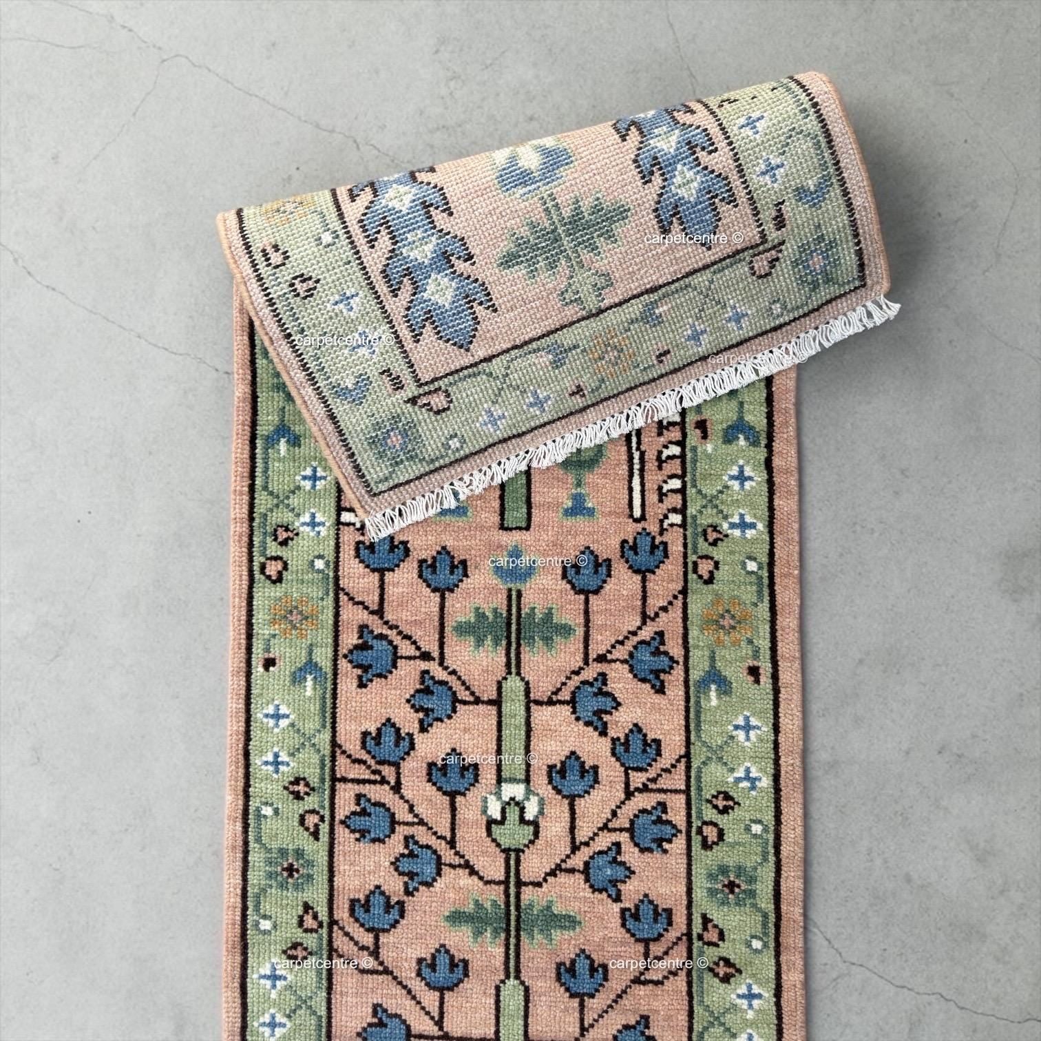 Handmade Wool Runner Rug: Pink and Green Oushak Tree of Life Design
