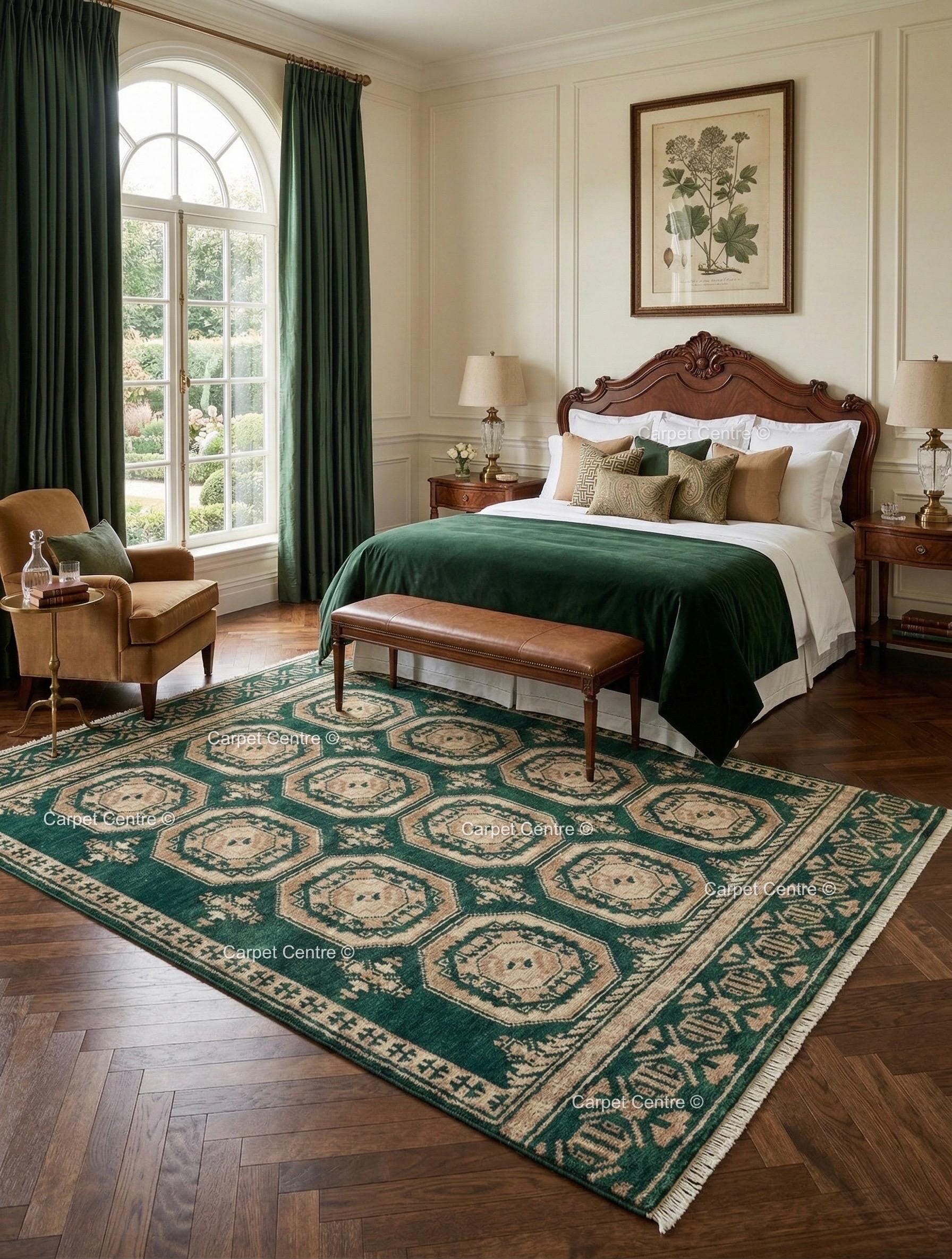 Emerald Green Oushak Rug, Hand Knotted Wool Tribal Boho Carpet