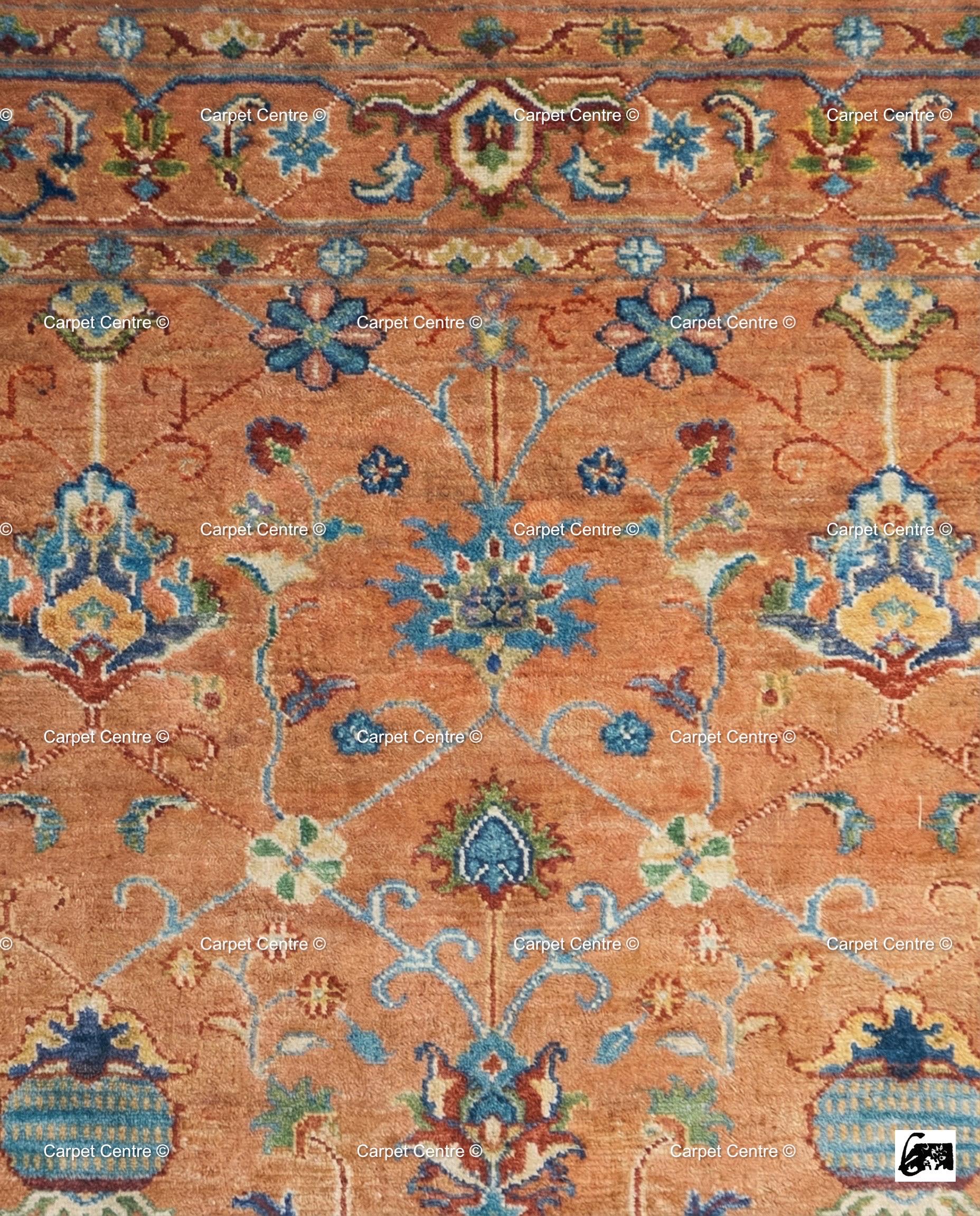 Hand Knotted Oushak Wool Rug, Rust Orange, Blue Floral Mahal
