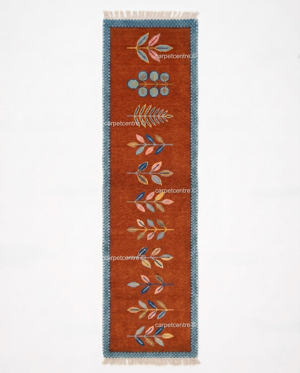 Botanical Leaf Runner Rug: Rust Orange Colorful Carpet Handmade Wool Area Rug