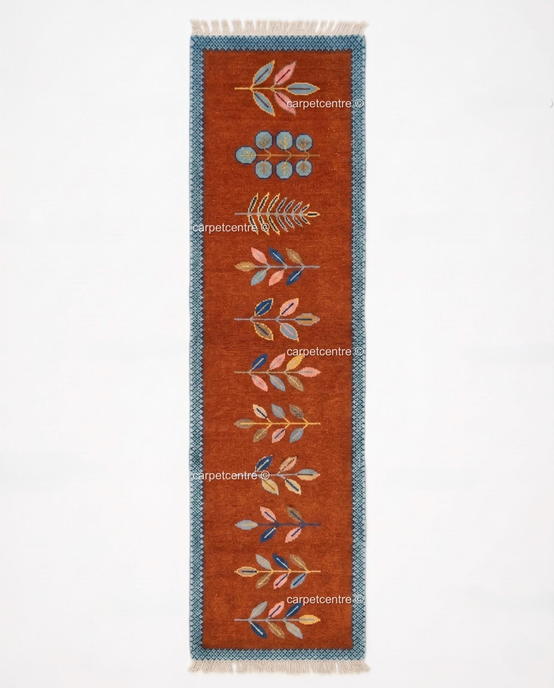 Botanical Leaf Runner Rug: Rust Orange Colorful Carpet Handmade Wool Area Rug