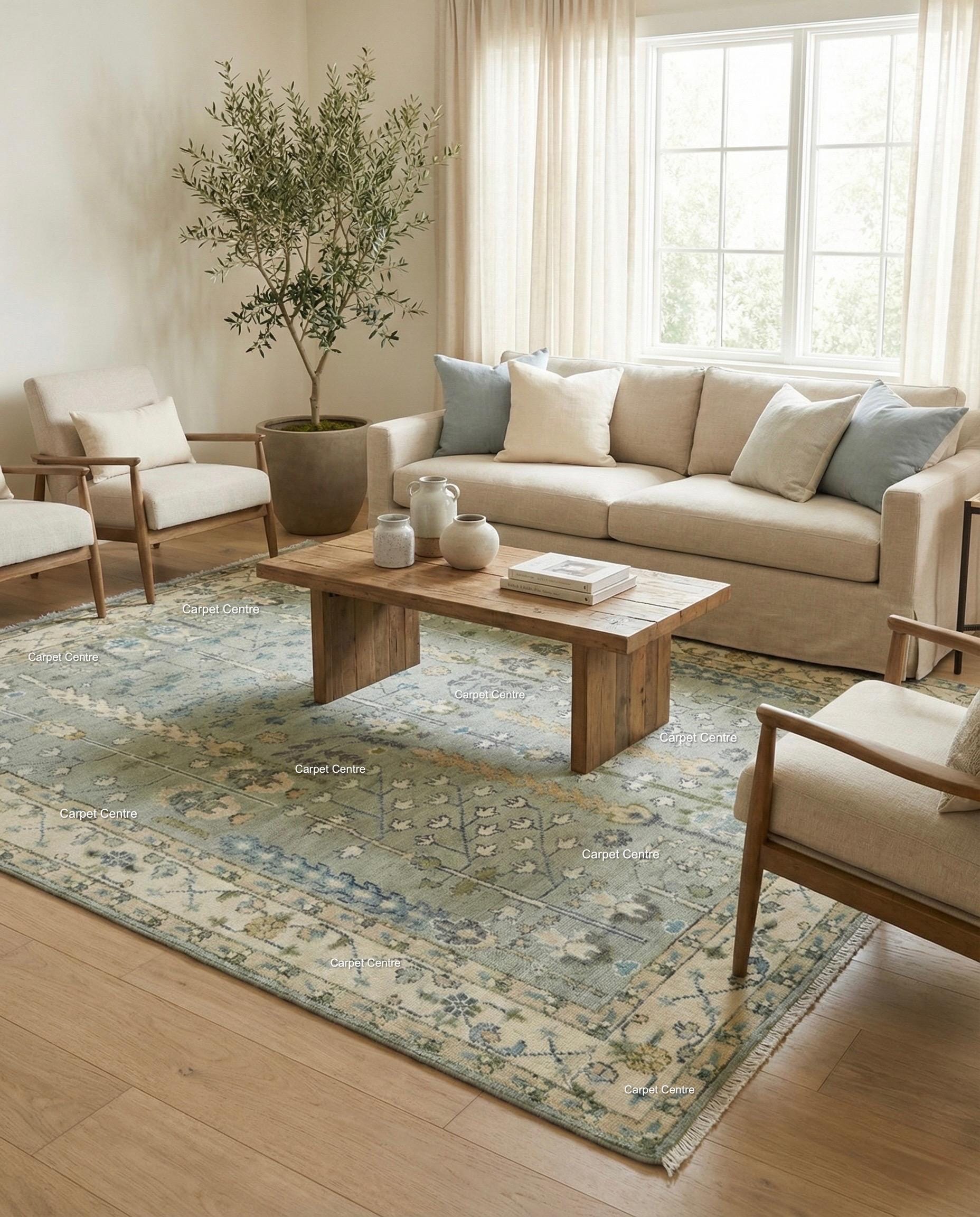 Hand Knotted Wool Oushak Rug, Muted Slate Blue Tree of Life Carpet