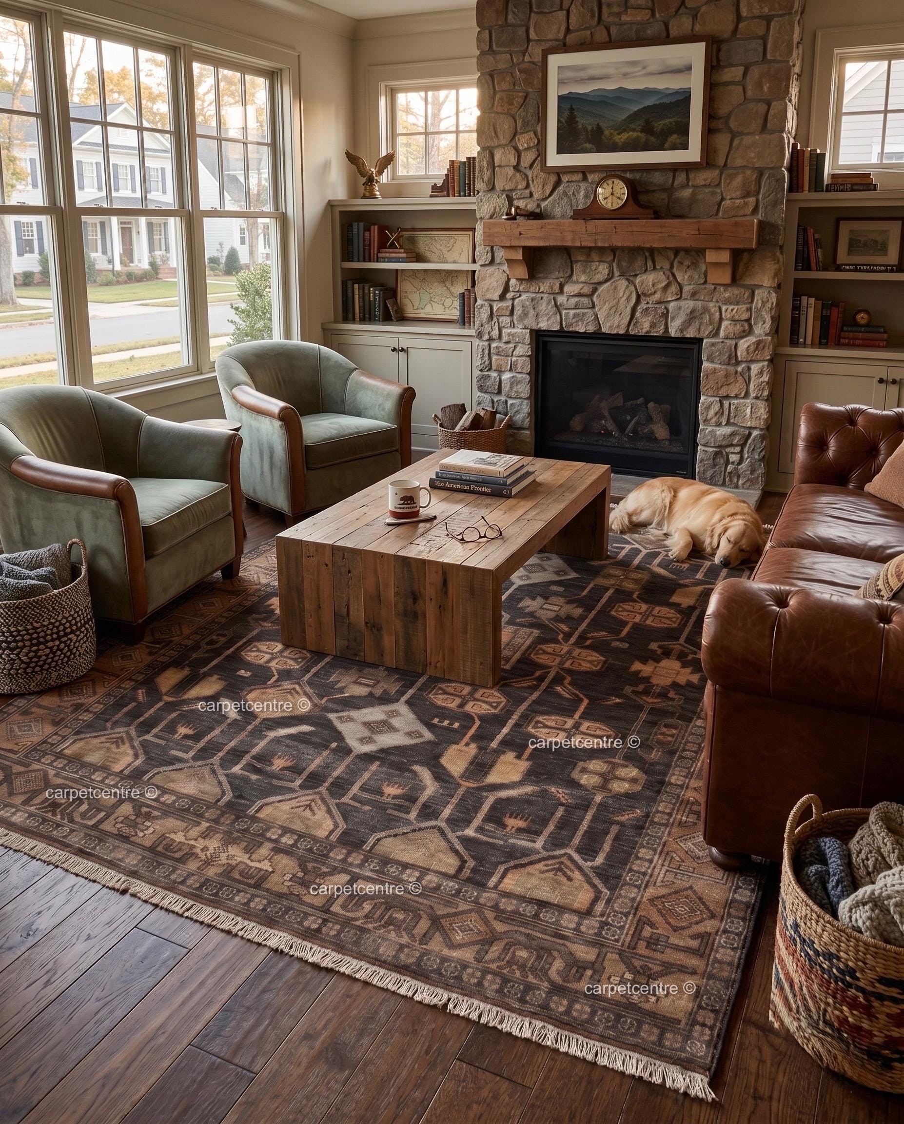 Hand Knotted Oushak Wool Rug, Dark Brown Tribal Vintage Turkish Geometric 8x10 9x12 Custom Living Room Bedroom Rug - 100% Handmade