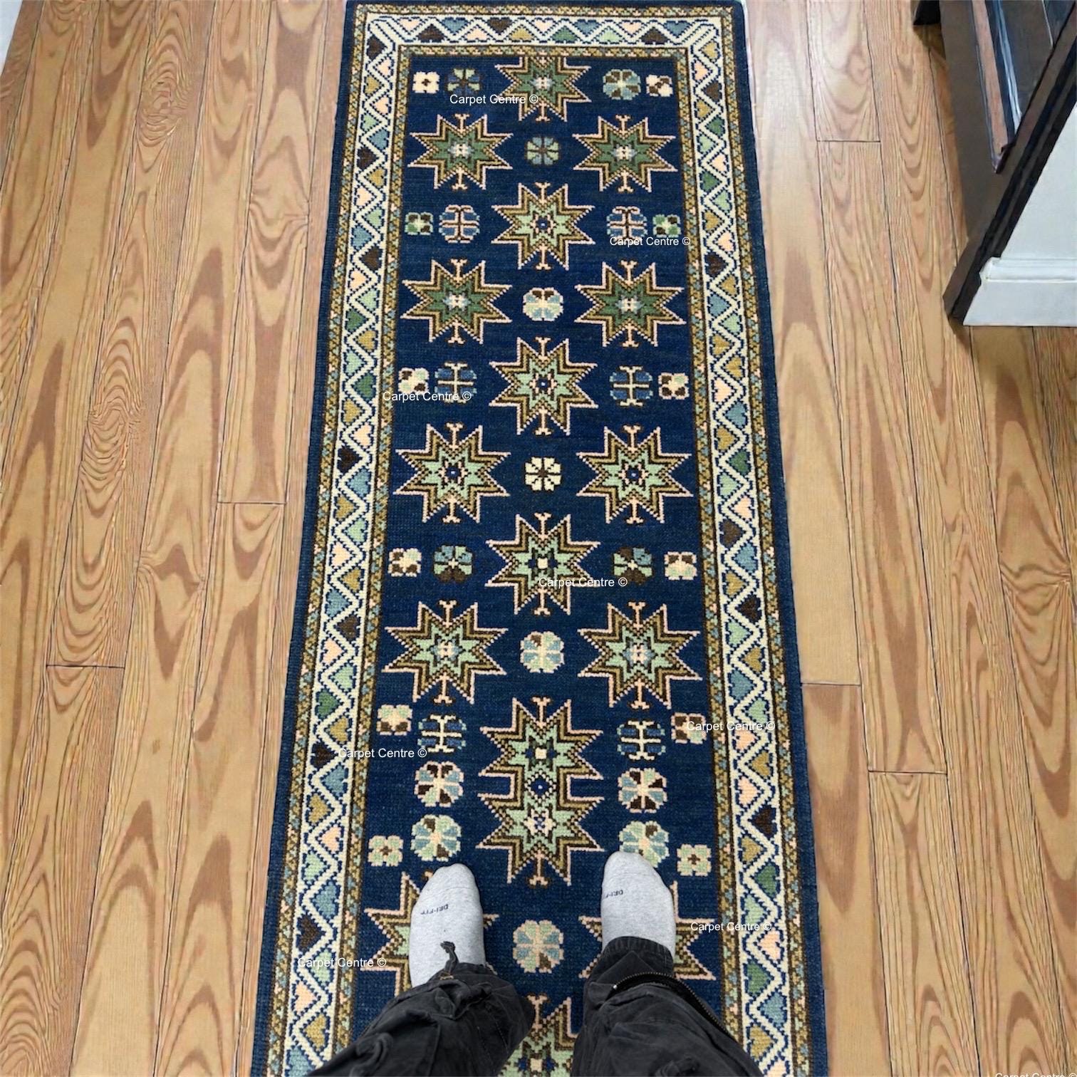 Oriental Star Design Navy Blue Oushak Runner Rug , Traditional Style Kitchen-Hallway-Entryway Rug