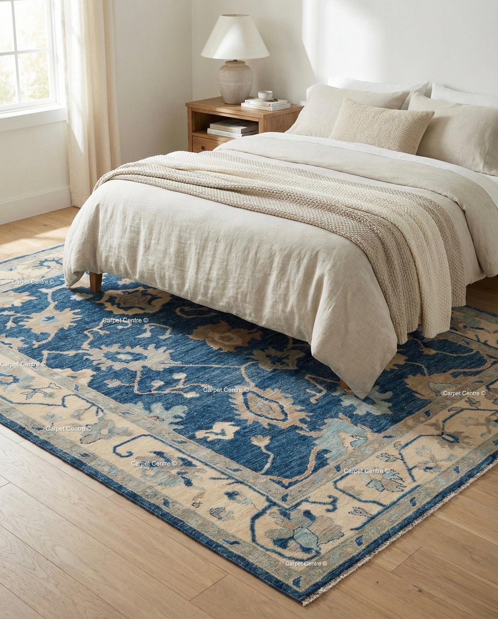 Hand Knotted Navy Blue Wool Oushak Rug, Traditional Floral Carpet