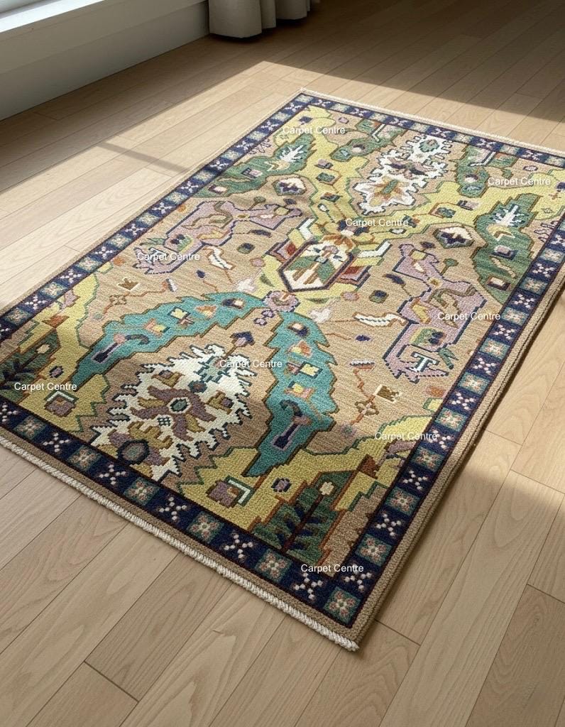 Hand-Knotted Oushak Wool Rug, Teal & Tan Geometric Kilim Design
