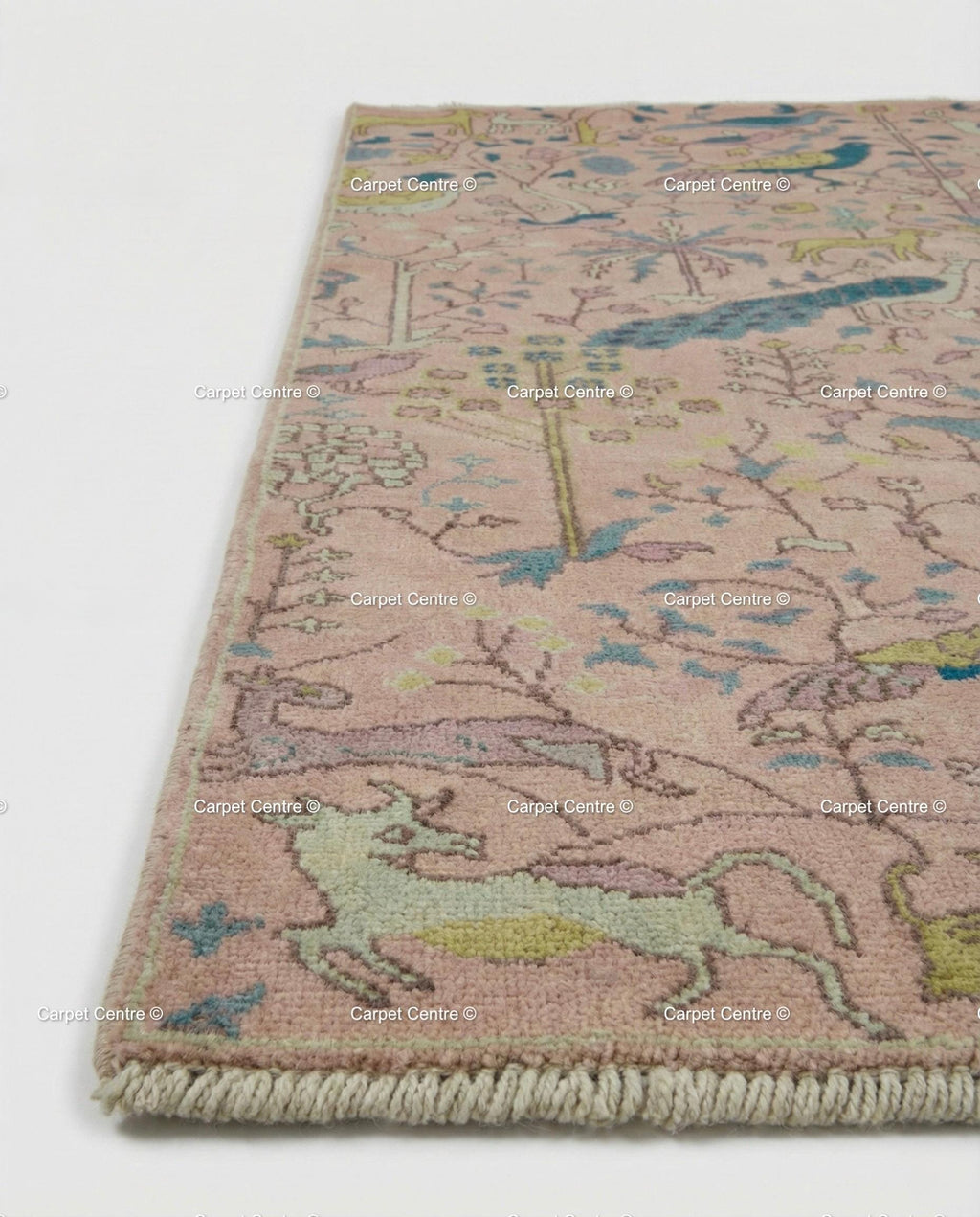 Blush Pink Wool Oushak Rug, Hand-Knotted Tree of Life Animal Nursery Rug