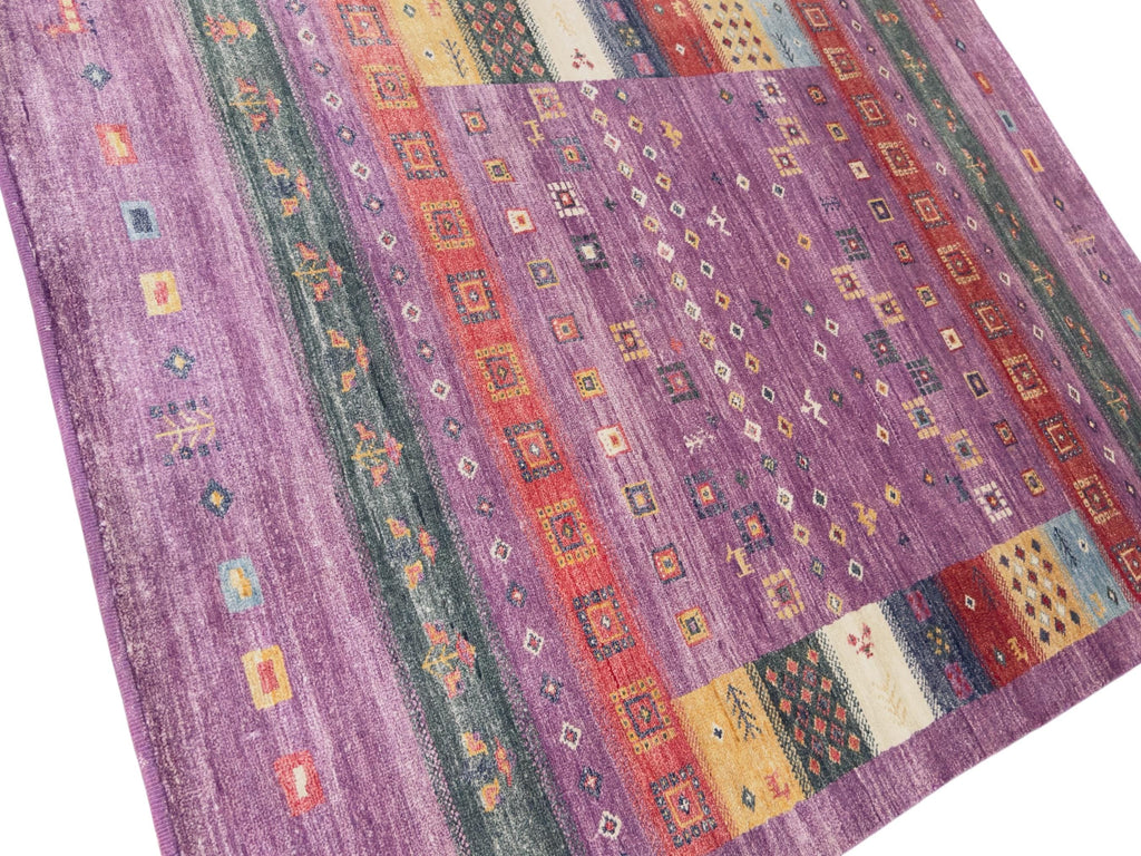 Hand Knotted Wool Rug | Purple Gabbeh Style Tribal Pattern, Multicolor Accents