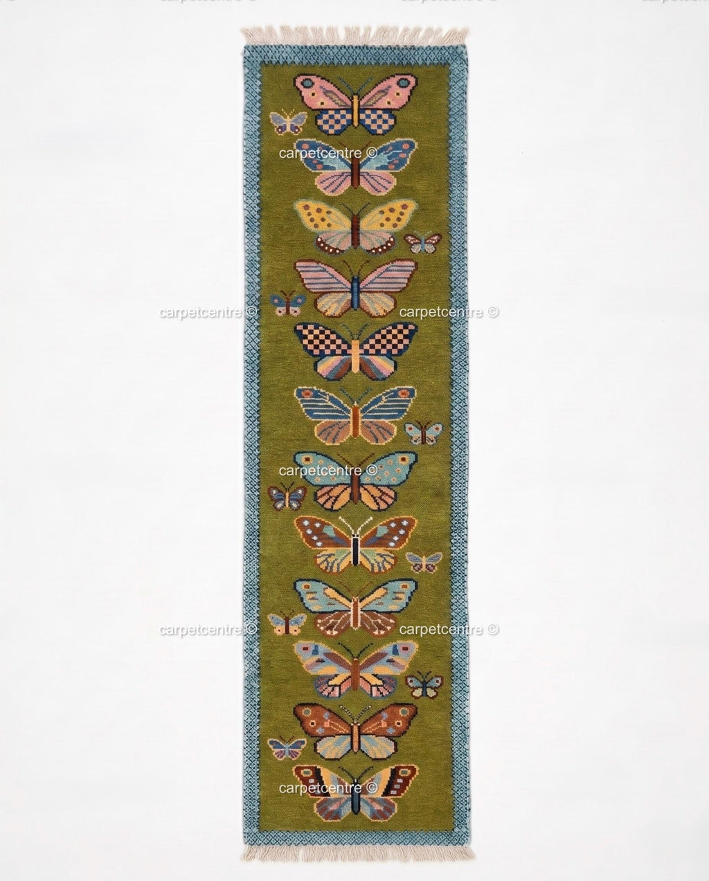Handmade Wool Butterfly Runner Rug – Olive Green Insect Motif Carpet