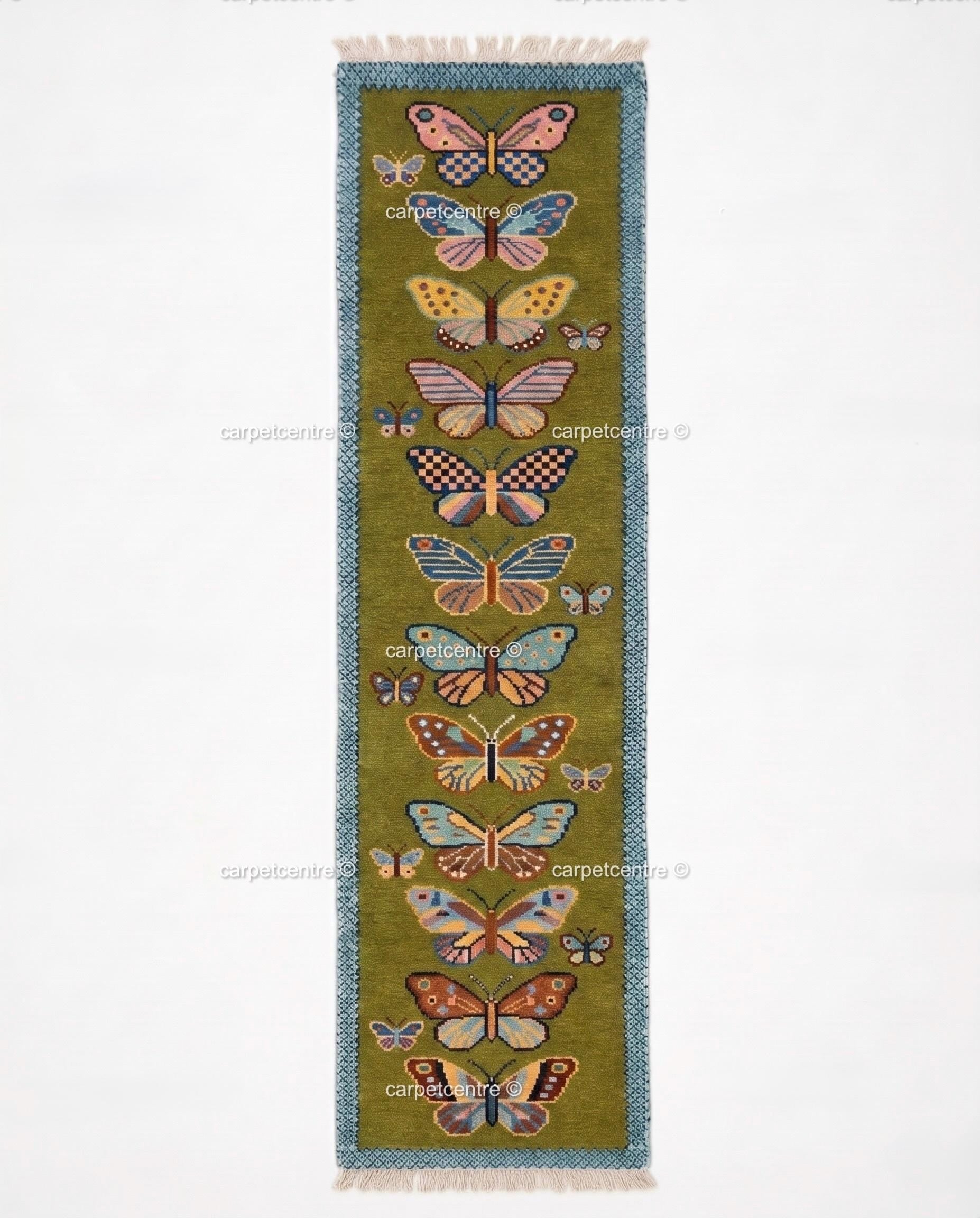 Handmade Wool Butterfly Runner Rug – Olive Green Insect Motif Carpet