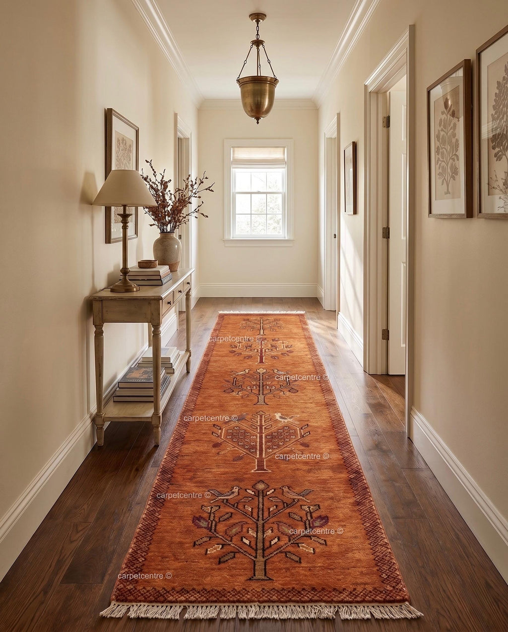 Tribal Tree Runner Rug – Rust Orange Wool Carpet with Bird Motif (Custom Sizes)