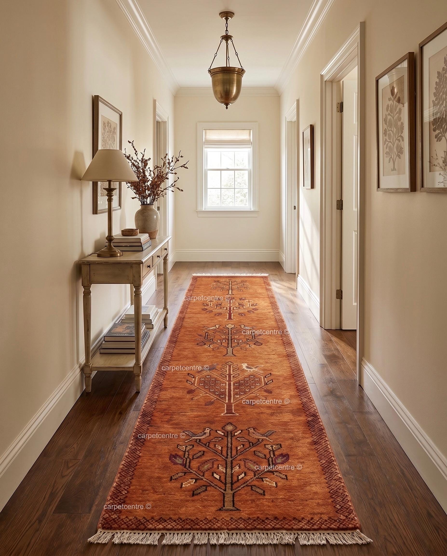Tribal Tree Runner Rug – Rust Orange Wool Carpet with Bird Motif (Custom Sizes)