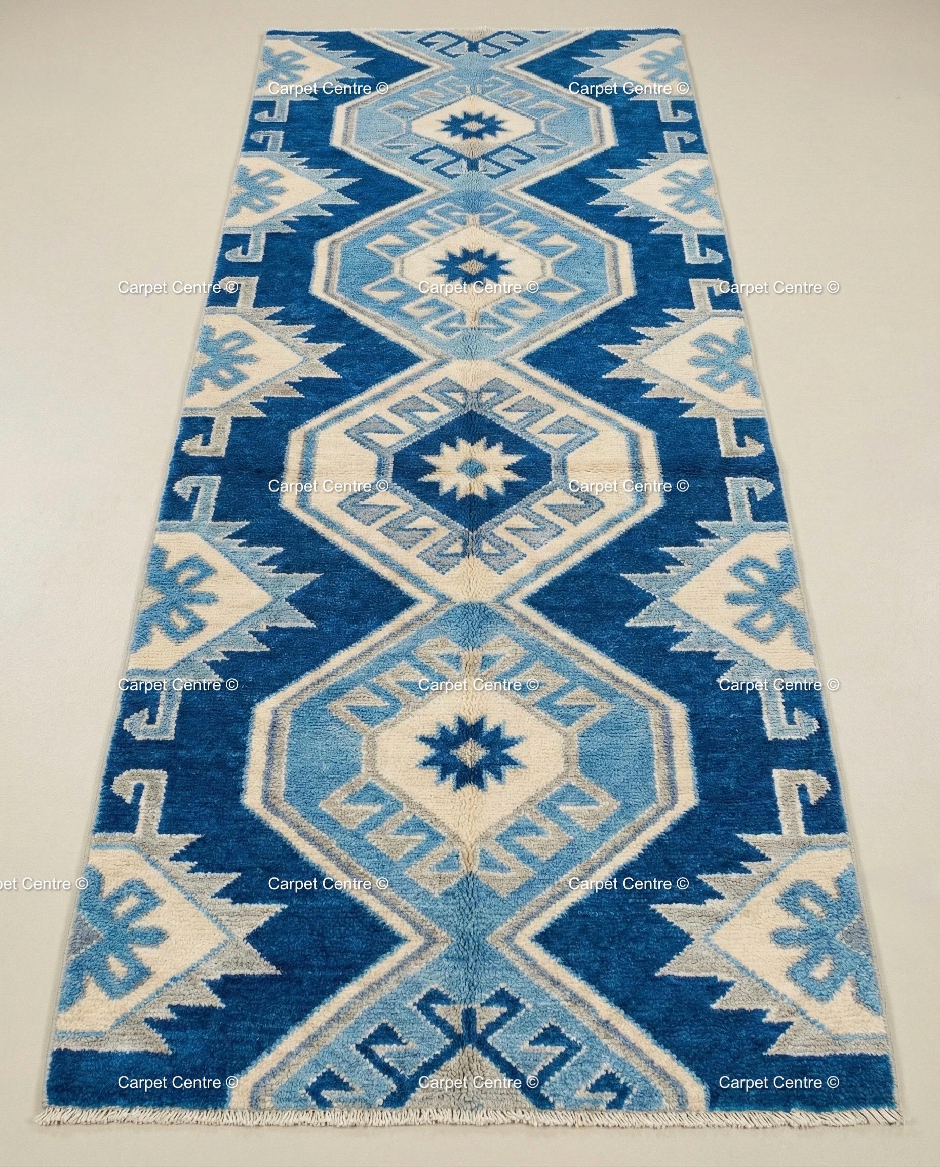 Royal Blue Wool Runner Rug, Hand-Knotted Oushak, Coastal Greek Star