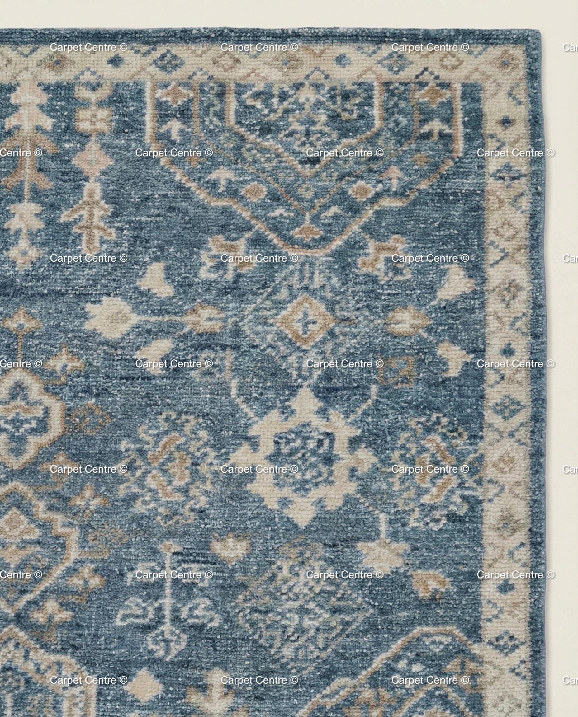 Indigo Blue Oushak Rug, Hand-Knotted Wool Tribal Geometric Carpet, Living Room Bedroom Decor