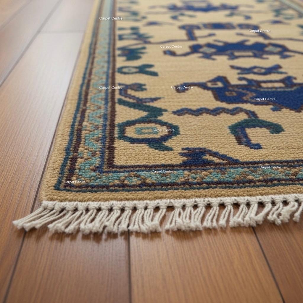 Hand-Knotted Wool Runner Rug, Golden Yellow Oushak, Navy Tribal Design