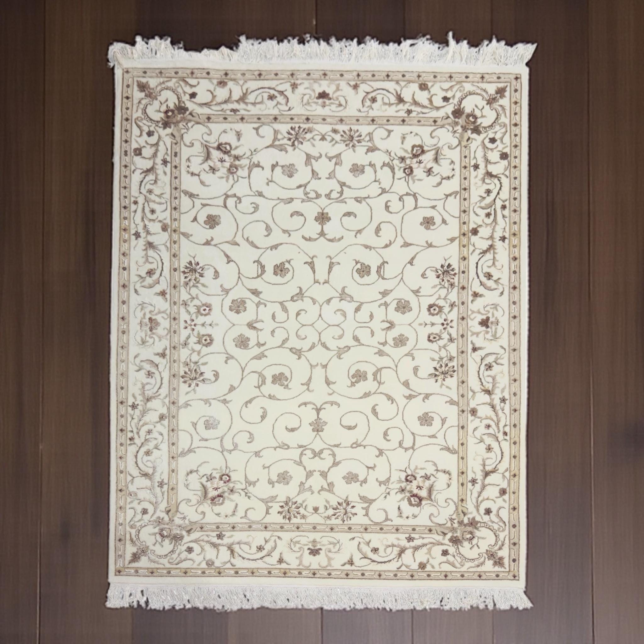 Handwoven Ivory Wool Rug: Persian Floral Art Silk Design