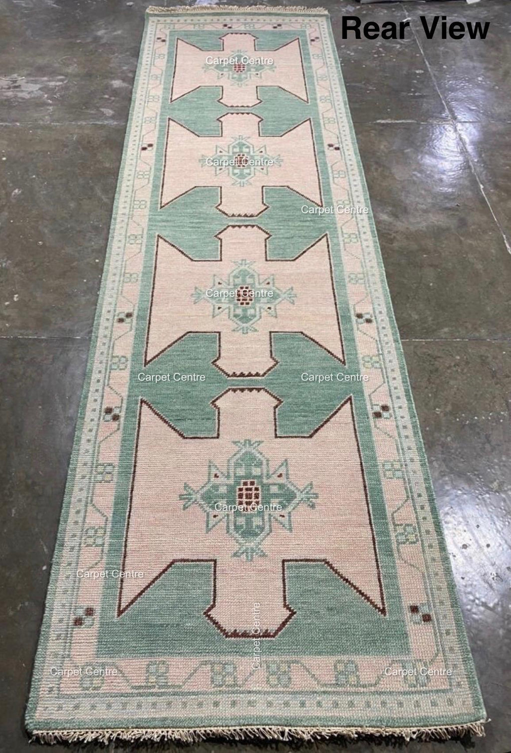 Hand Knotted Oushak Wool Runner Rug | Mint Green Geometric Design