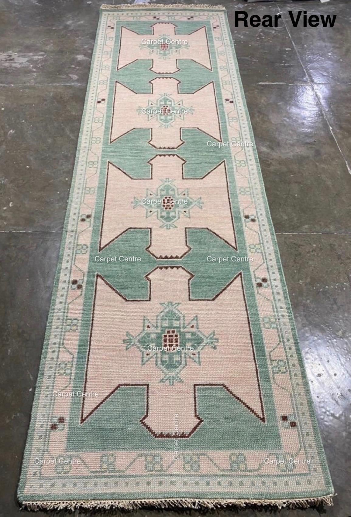 Hand Knotted Oushak Wool Runner Rug | Mint Green Geometric Design