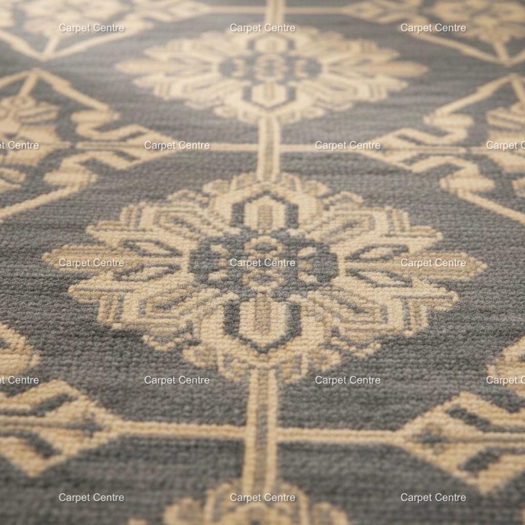 Hand-Knotted Wool Runner Rug, Charcoal Gray Oushak Style, Geometric Medallion