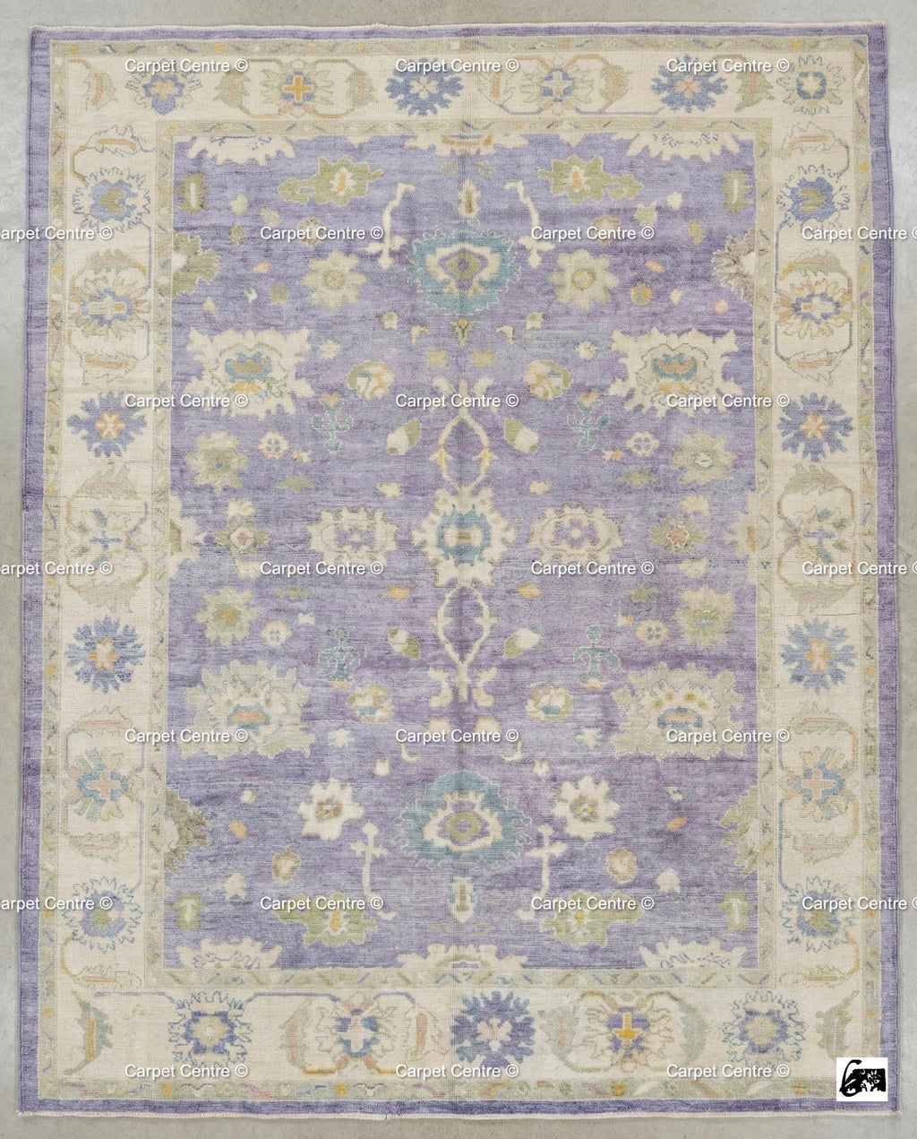 Hand-Knotted Wool Oushak Rug, Lavender Floral, Vintage Style