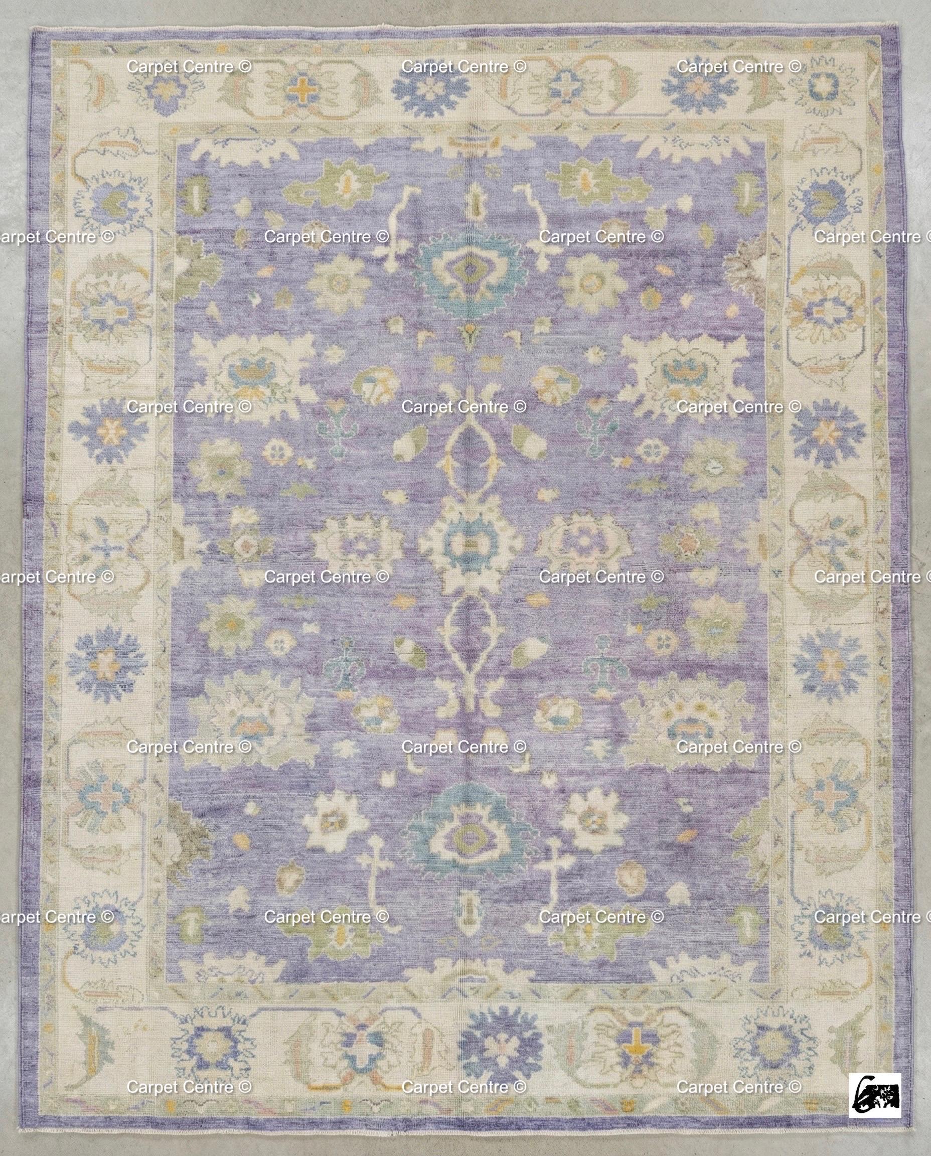 Hand-Knotted Wool Oushak Rug, Lavender Floral, Vintage Style