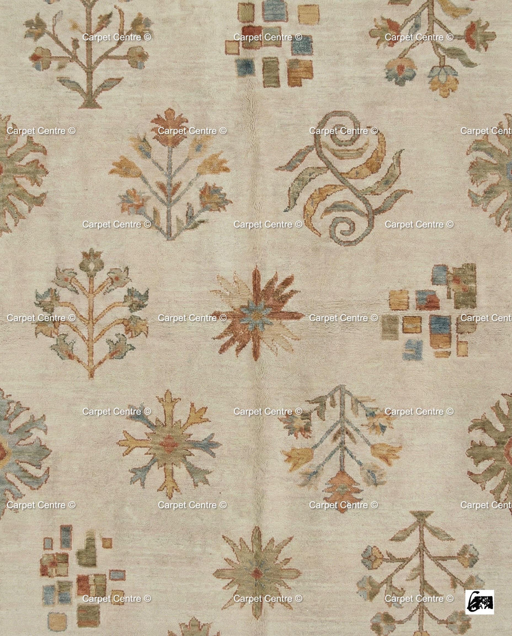 Hand-Knotted Wool Oushak Rug, Beige and Rust, Folk Art Floral Geometric