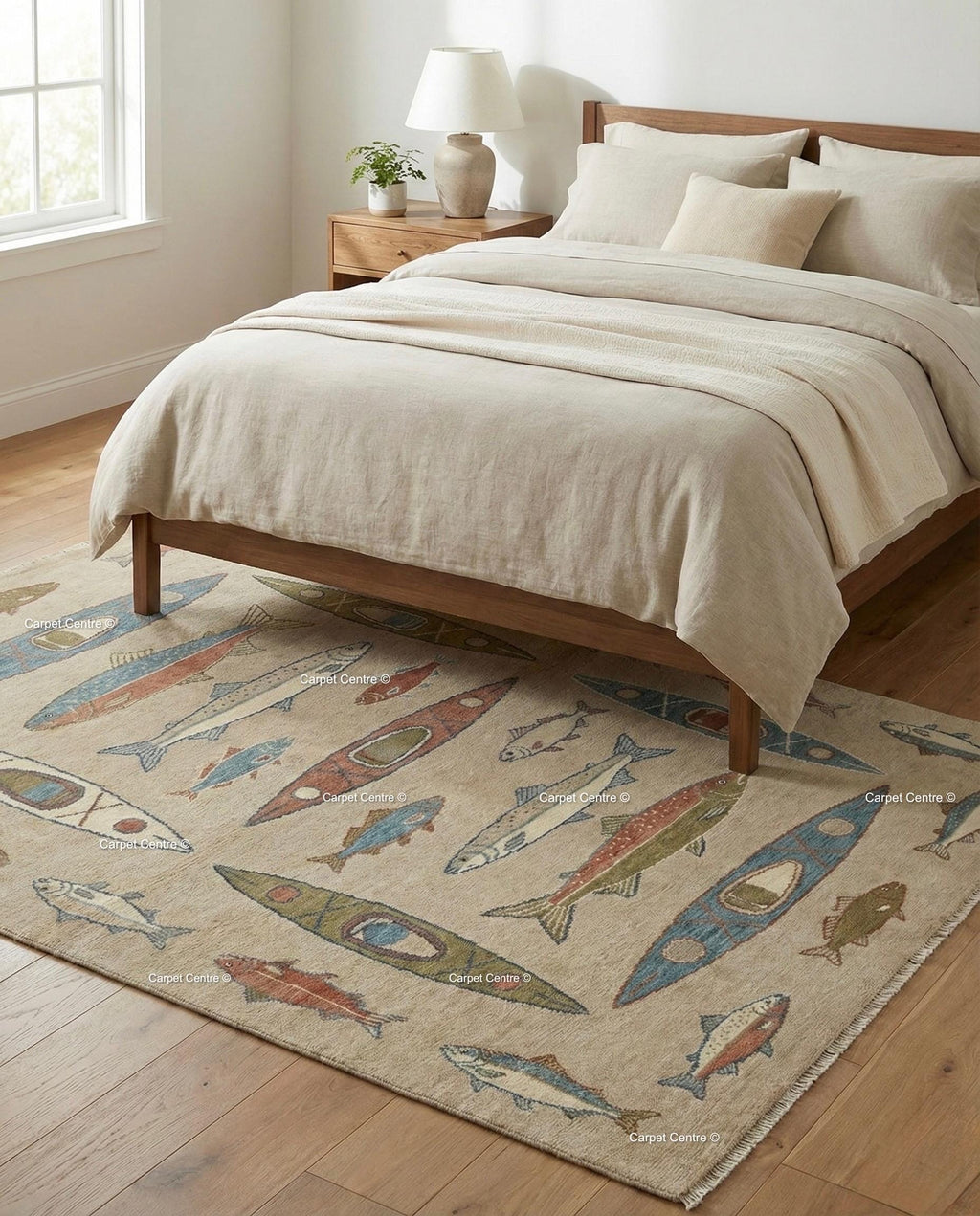 Hand-Knotted Turkish Wool Oushak Rug, Canoe & Fish Design