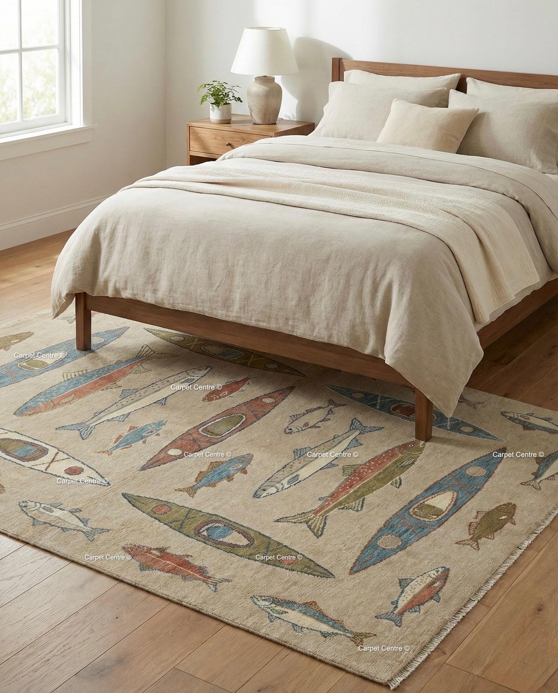 Hand-Knotted Turkish Wool Oushak Rug, Canoe & Fish Design