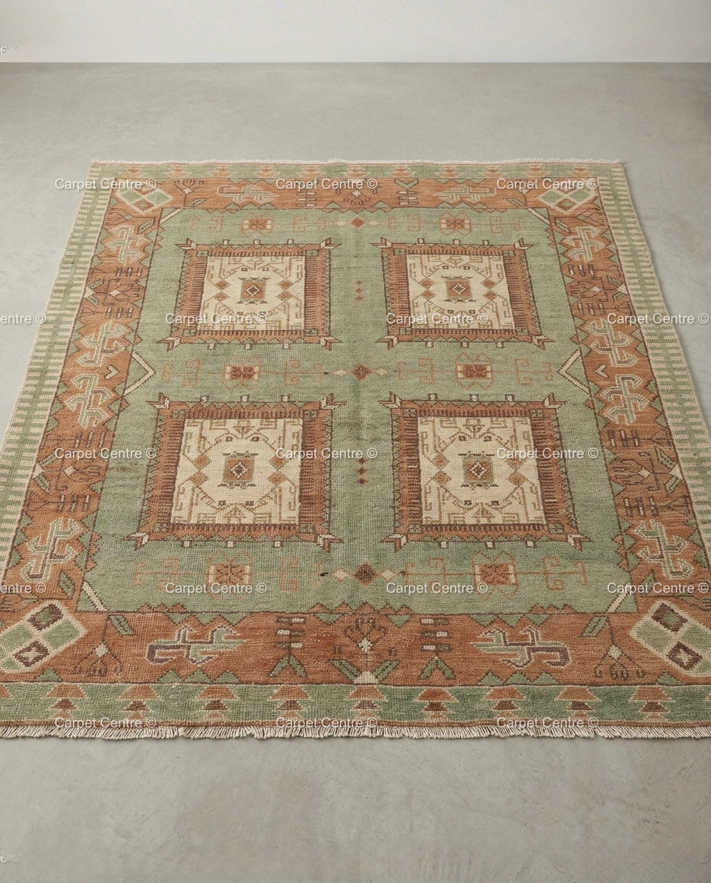 Sage Green Oushak Hand Knotted Wool Rug, Southwestern Geometric Medallion Area Rug