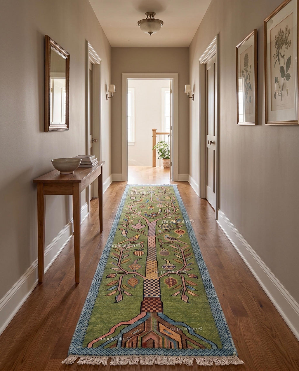 Handmade Wool Tree of Life Runner Rug: Colorful Botanical Hallway Carpet