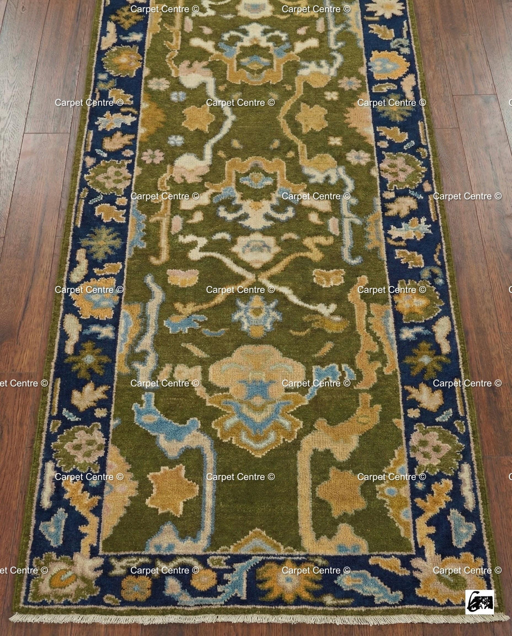 Hand Knotted Oushak Runner, Olive Green, Navy Border, Turkish Wool