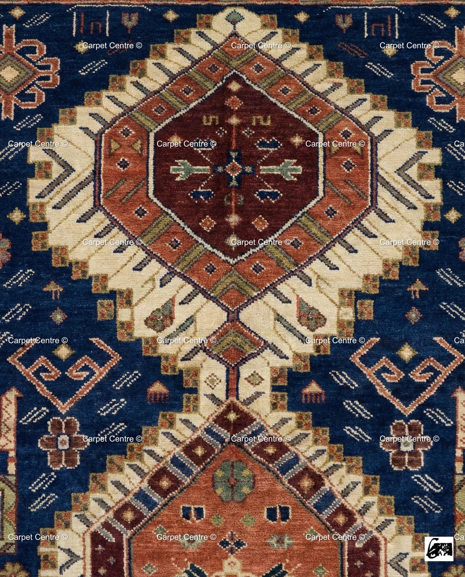 Hand Knotted Wool Oushak Rug – 9x12 Navy Blue & Rust Tribal Medallion