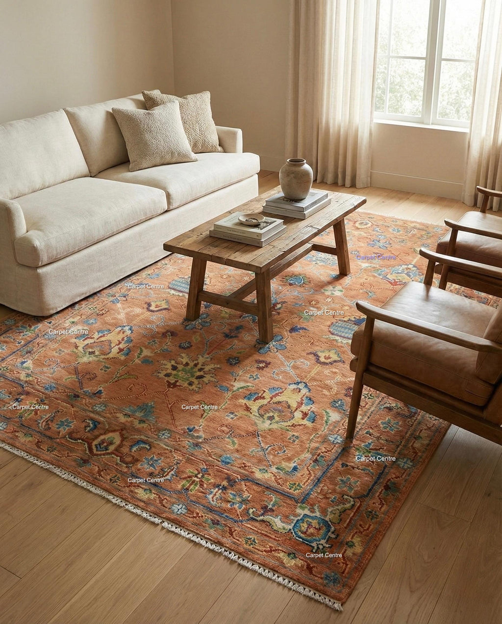 Hand Knotted Oushak Wool Rug, Rust Orange, Blue Floral Mahal