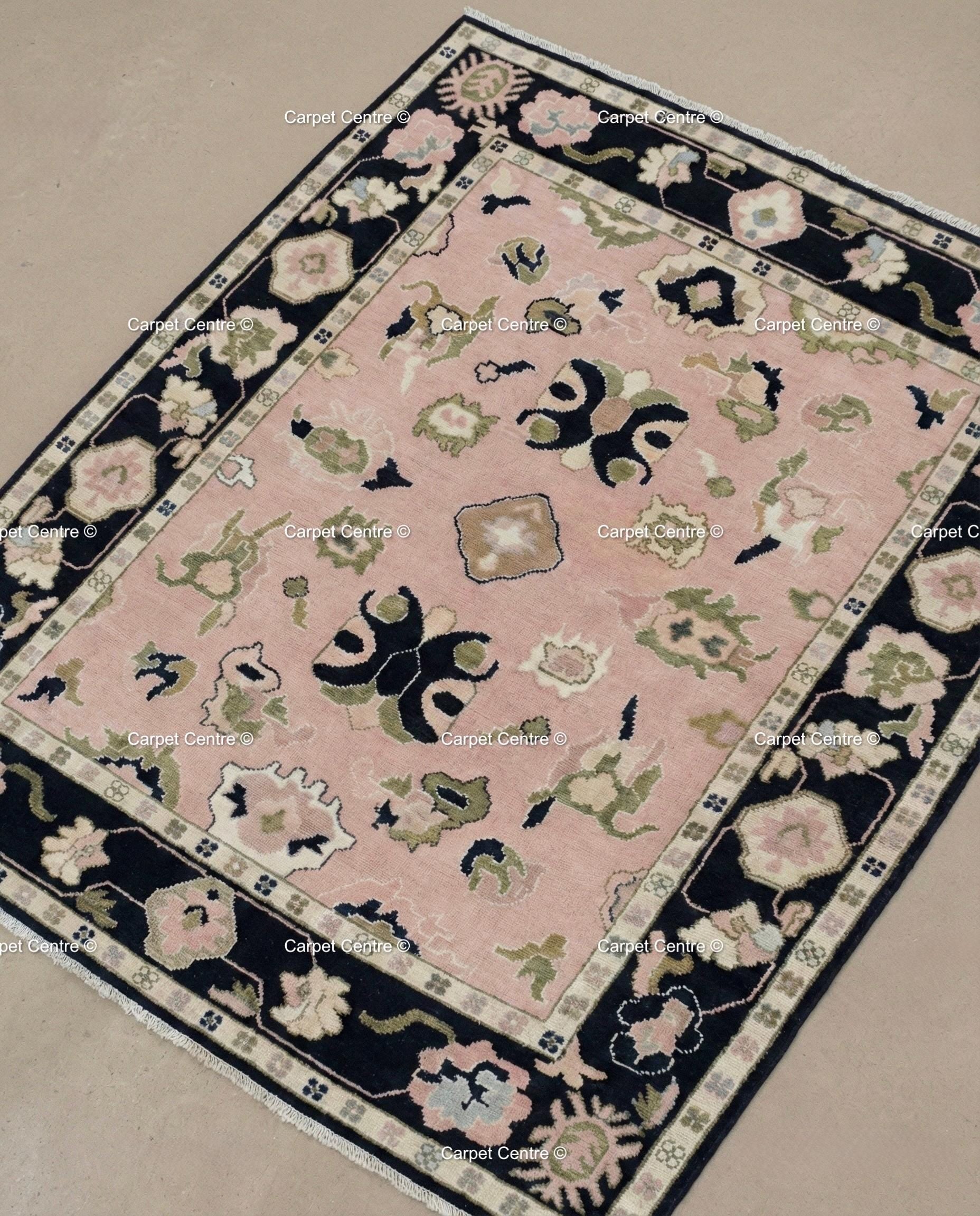 Hand Knotted Wool Oushak Rug, Blush Pink Geometric Floral, Black Border