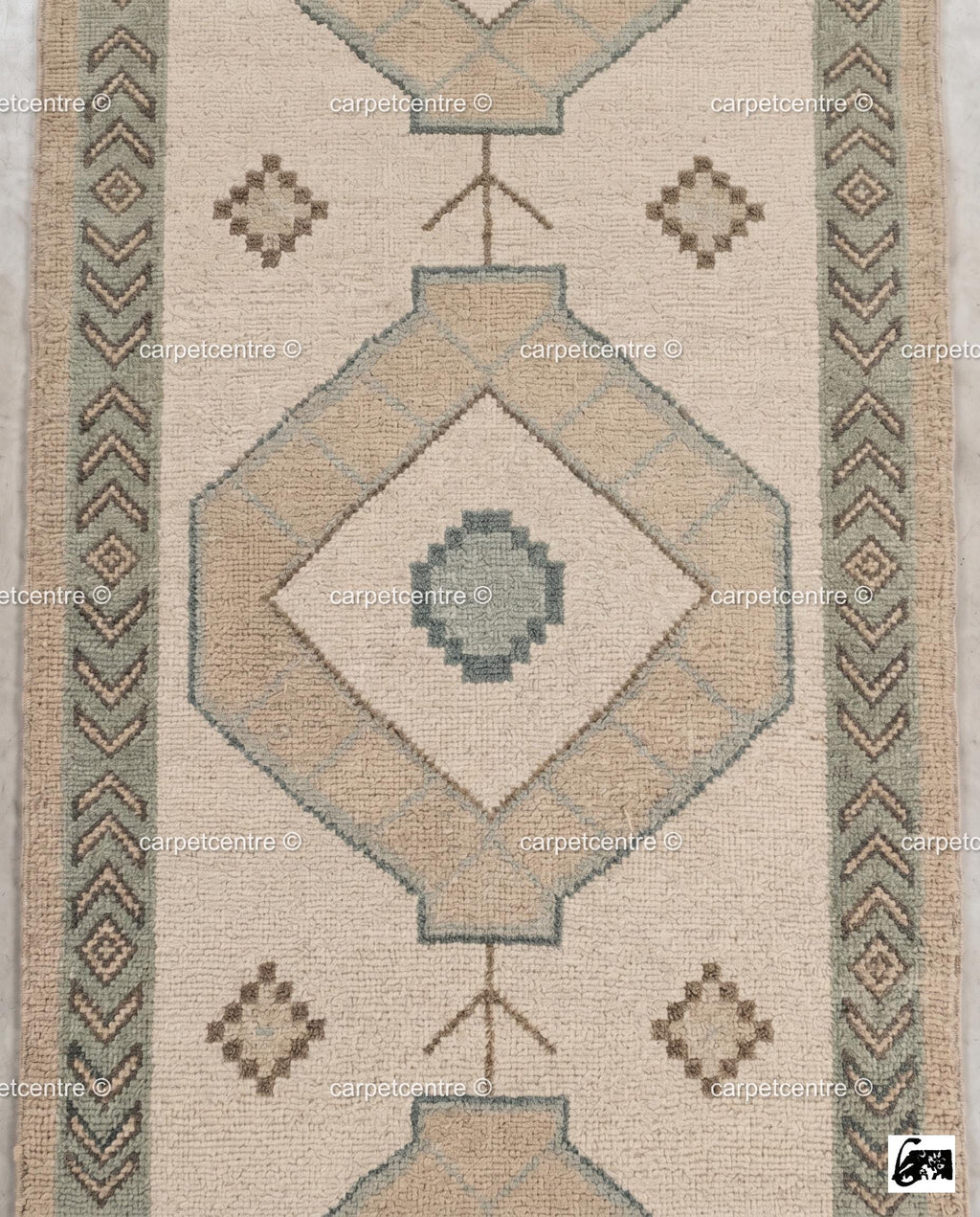 Vintage Oushak Runner Rug | Cream Geometric Turkish Hallway Rug | Boho Chevron Entryway 100% Wool