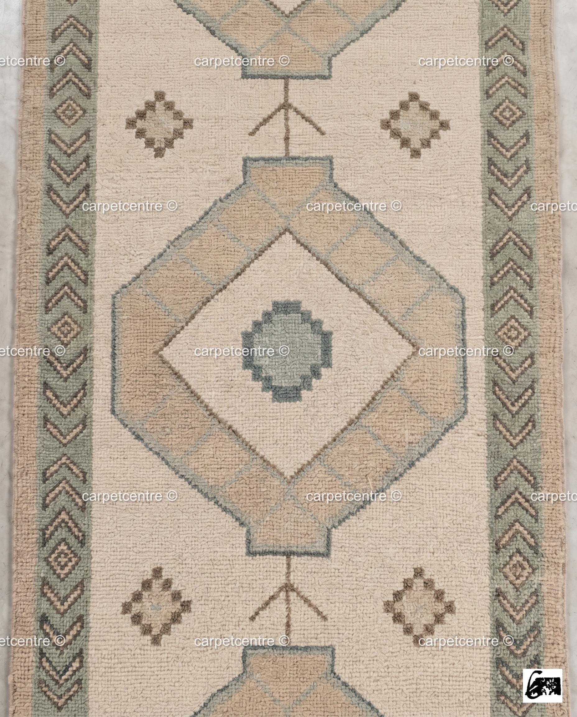 Vintage Oushak Runner Rug | Cream Geometric Turkish Hallway Rug | Boho Chevron Entryway 100% Wool