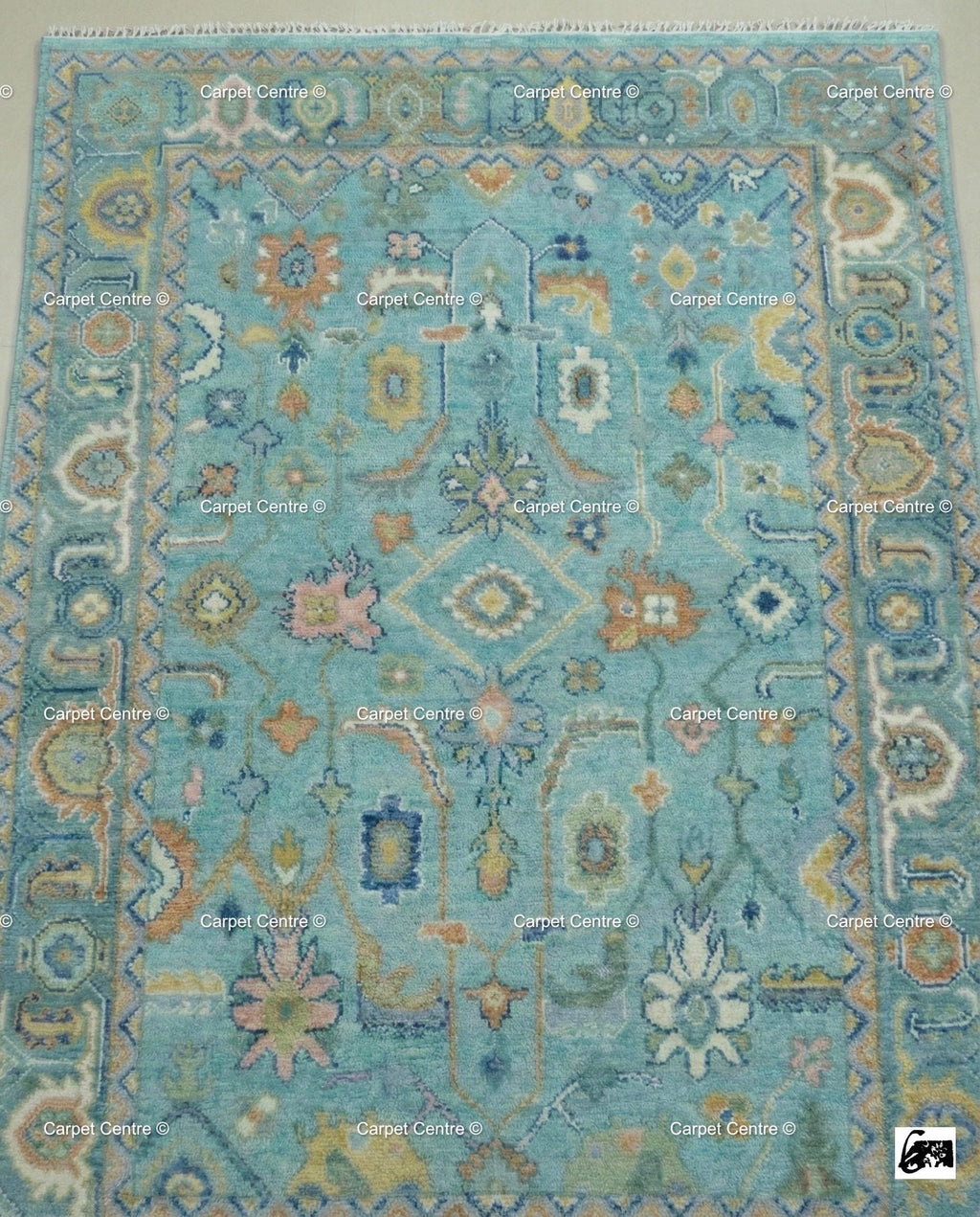 Turquoise Oushak Rug, Hand-Knotted Wool, Southwestern Boho Decor
