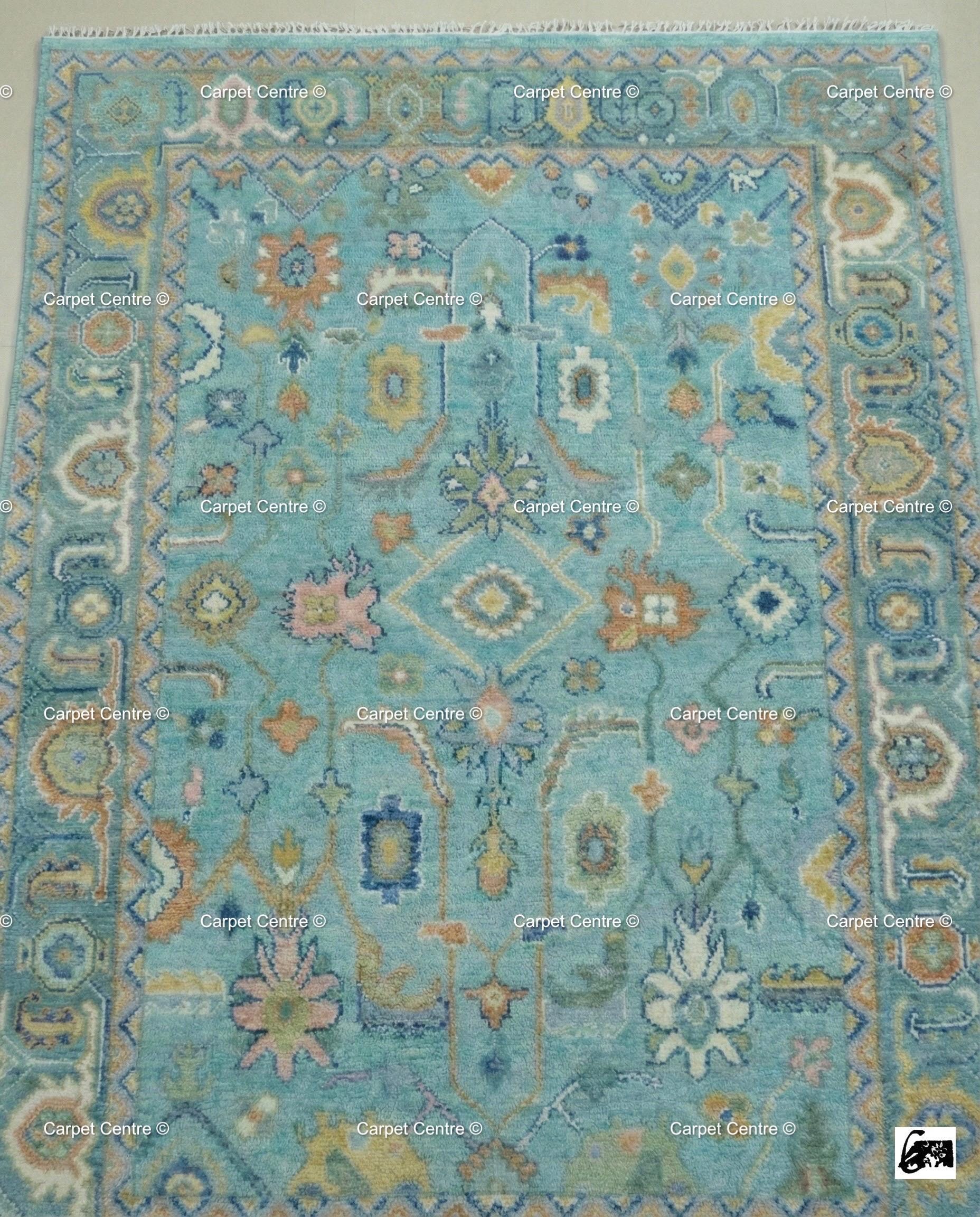 Turquoise Oushak Rug, Hand-Knotted Wool, Southwestern Boho Decor