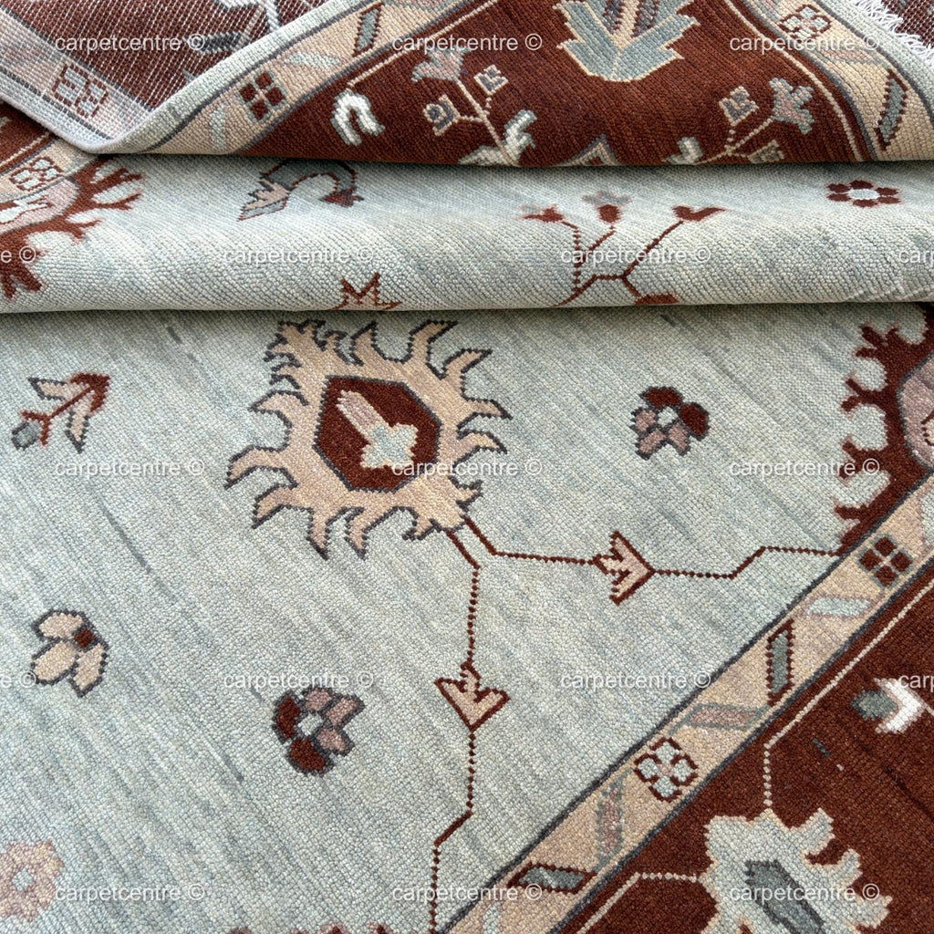 Hand Knotted Wool Oushak Rug, Mint Green Floral Turkish Carpet, Rust Border Area Rug