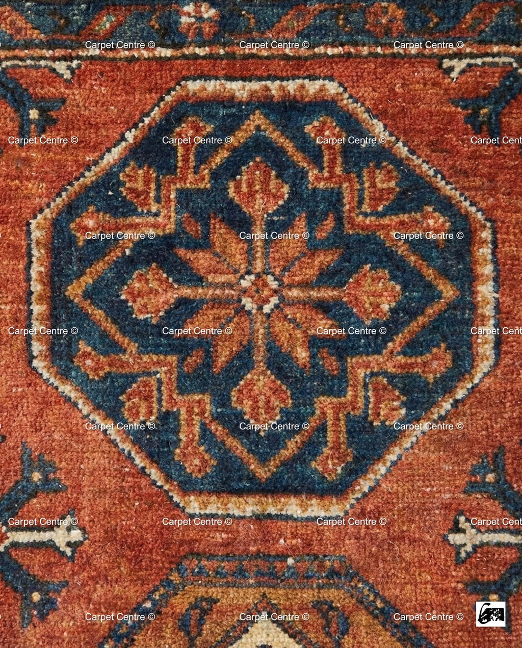 Hand Knotted Wool Oushak Rug, Terracotta Rust & Navy Geometric Carpet