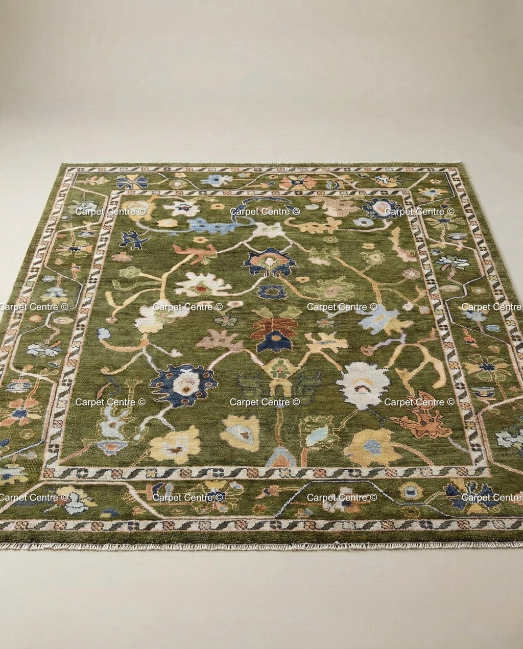 Hand-Knotted Wool Oushak Rug, Olive Green Arts & Crafts Style