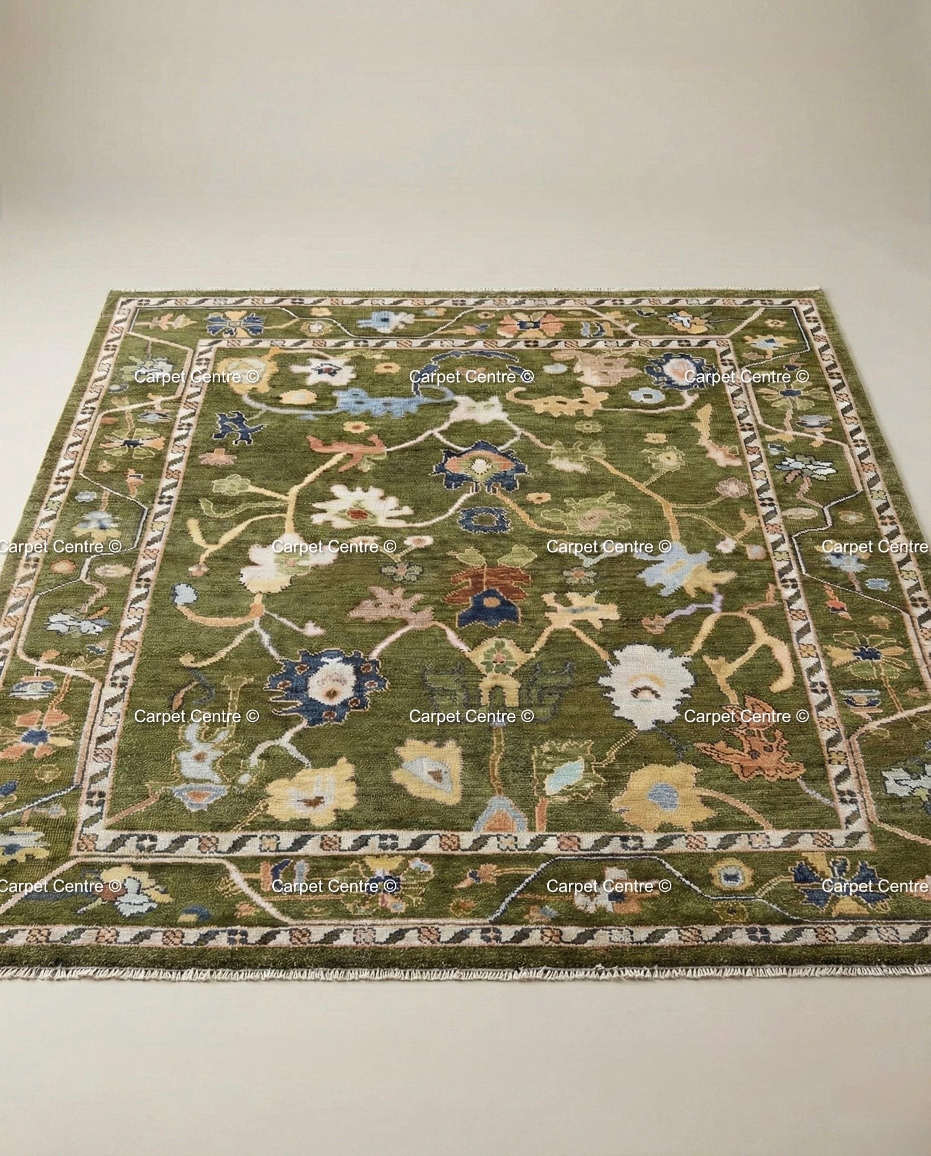 Hand-Knotted Wool Oushak Rug, Olive Green Arts & Crafts Style