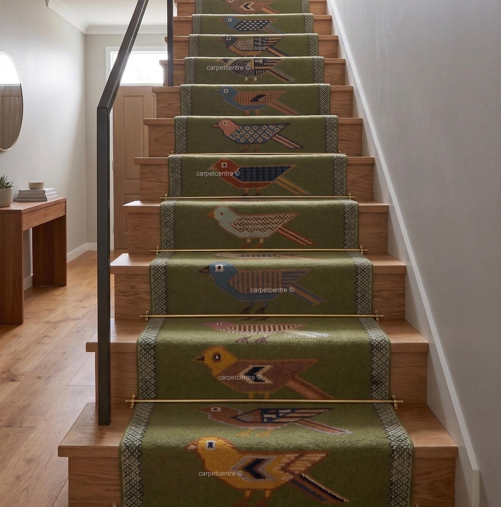 Handmade Wool Folk Art Bird Runner Rug, Green Hallway Carpet, Turkish Knot Artisan Made