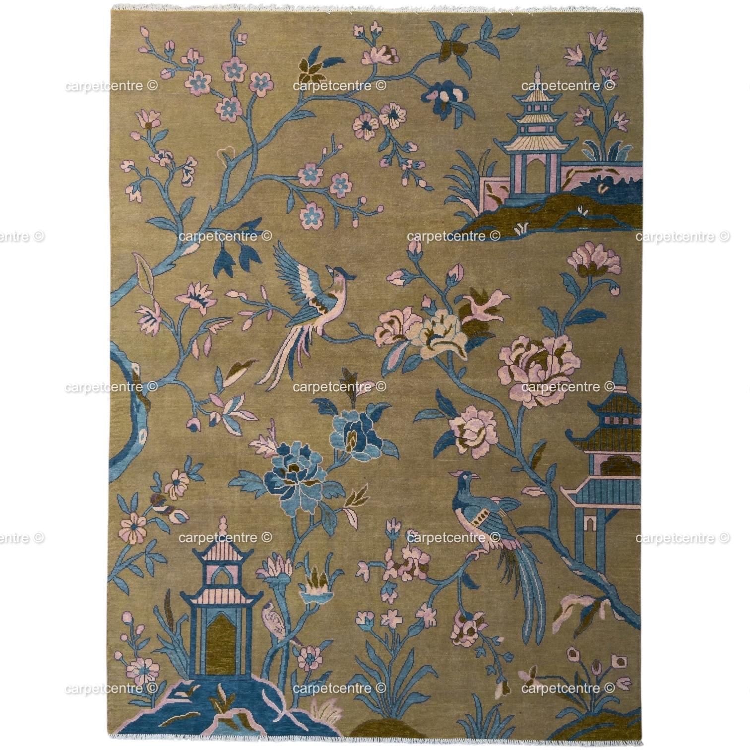 Olive Green Chinoiserie Wool Rug, Hand-Knotted Bird Pagoda Design