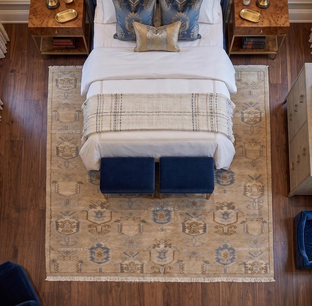 Hand Knotted Oushak Rug, Beige Blue Wool Carpet, Vintage Boho Farmhouse Bedroom Rug