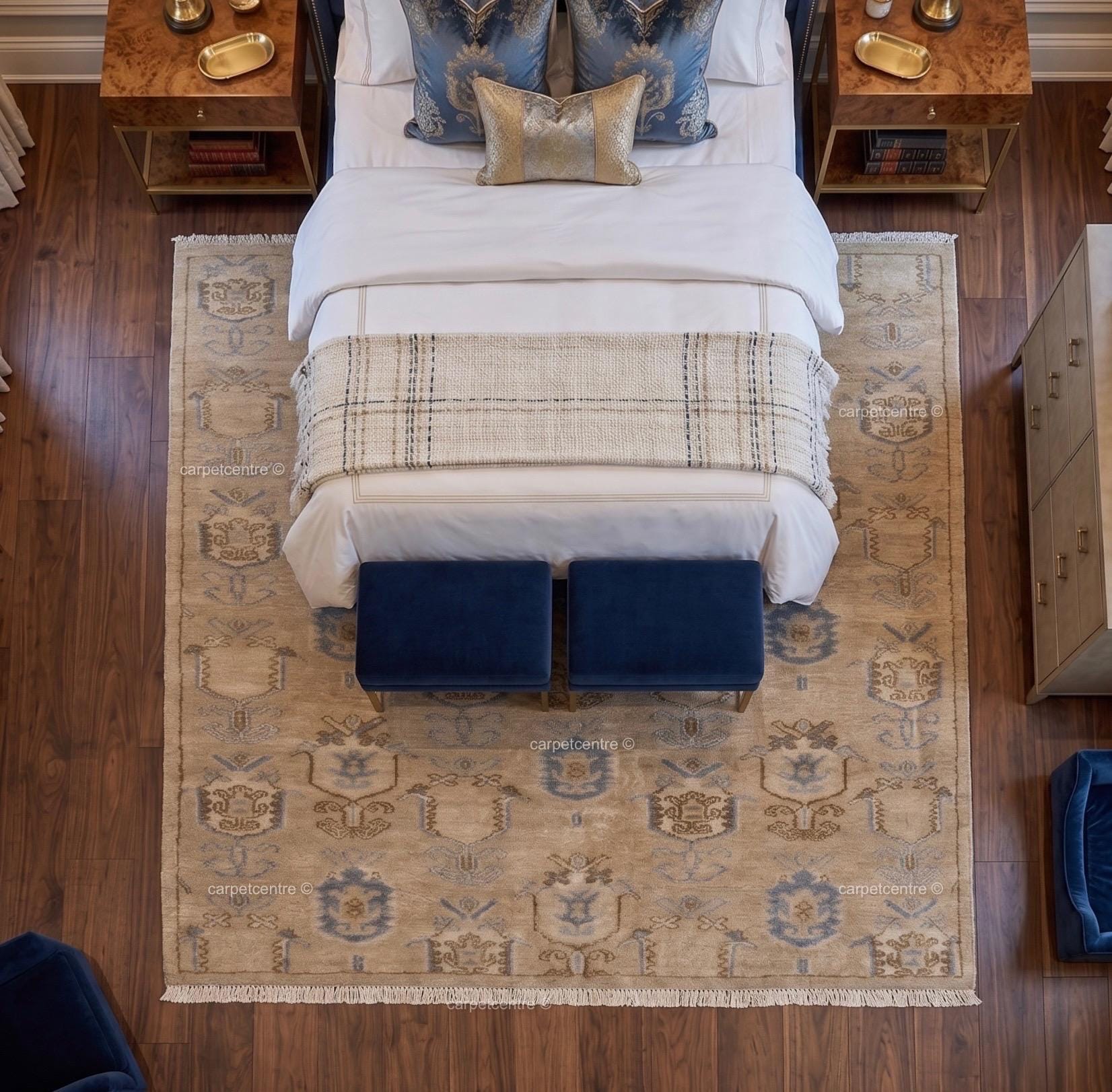 Hand Knotted Oushak Rug, Beige Blue Wool Carpet, Vintage Boho Farmhouse Bedroom Rug